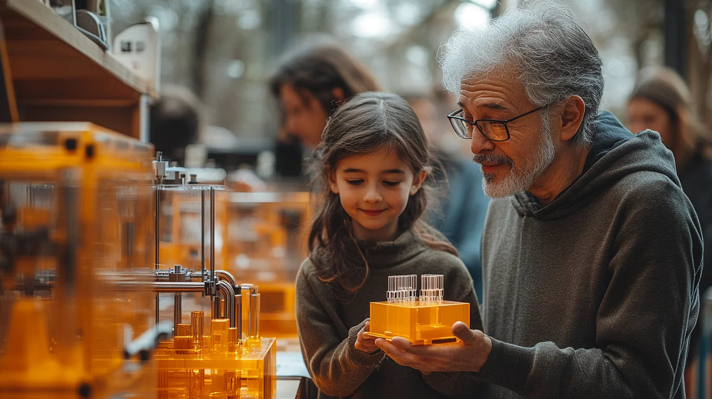 Ældre mand og ung pige deler et øjeblik af fascination, mens de undersøger en 3D printet model i et teknologisk værksted. Bag dem arbejder andre i laboratoriet med 3D printere