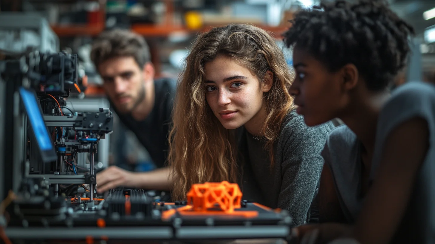 En gruppe unge innovatører arbejder koncentreret omkring en 3D printer, der skaber en prototype i orange materiale. De diskuterer designet, mens maskinen arbejder, og stemningen er fokuseret og kreativ