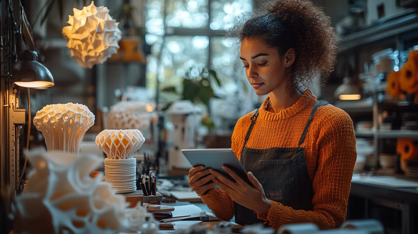 Kvinde i et kreativt værksted studerer en tablet, omgivet af komplekse 3D printede design. Sollys strømmer ind fra vinduet, mens kunstneriske og tekniske modeller fylder rummet