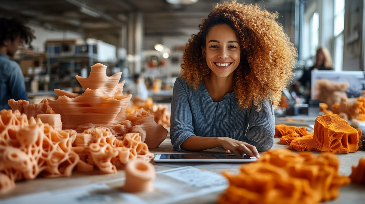 Glad kvinde sidder ved et bord fyldt med komplekse 3D printede modeller i et inspirerende værksted. Hun arbejder med en tablet, mens innovative design omgiver hende