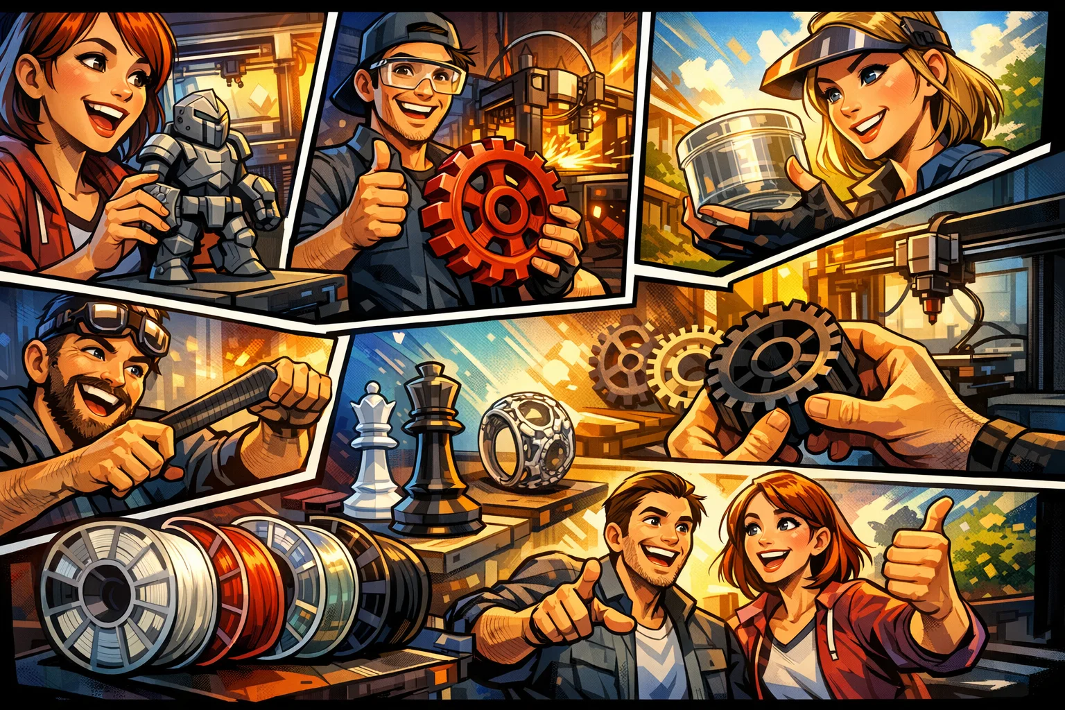 Dynamisk farverig tegneserie i 16:9 format, der viser glade mennesker i et 3D print miljø med forskellige materialer som PLA, ABS, PETG, nylon og TPU, illustreret gennem figurmodeller, gear og fleksible dele