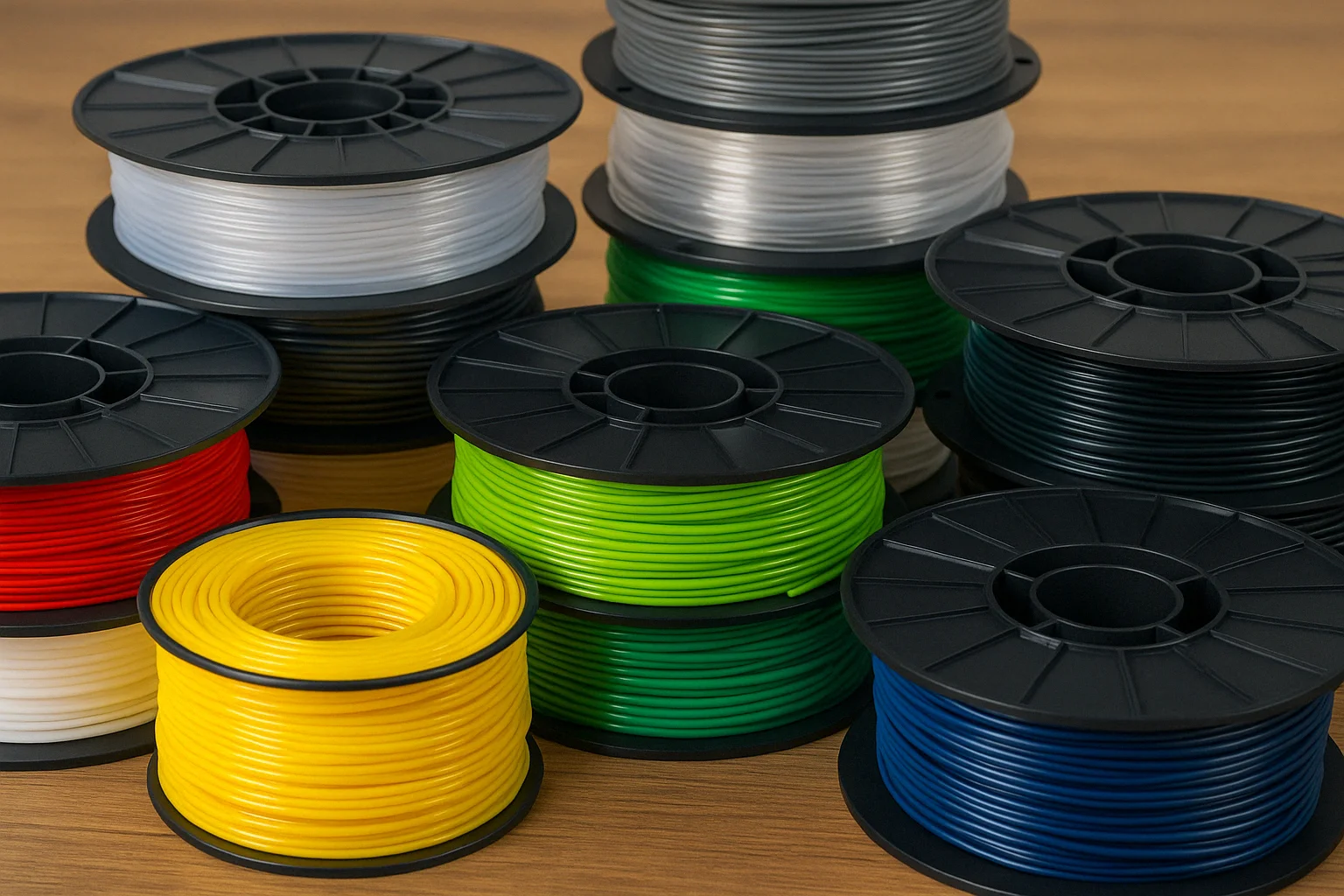 Farverige spoler med 3d printer filament i forskellige materialer og nuancer, arrangeret på et bord