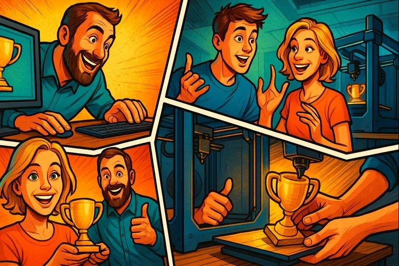 Illustration i comic-stil der viser processen fra online prisberegning af 3d print til færdigt 3d-printet produkt, med glade brugere og en 3d printer i gang