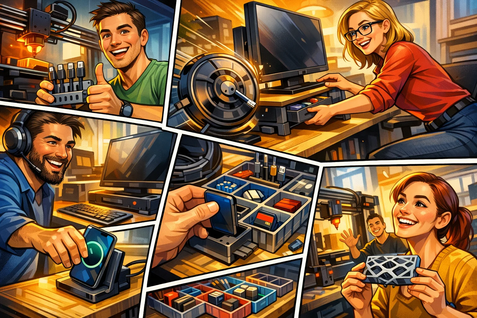 3d-print-hjemmekontor-organisation Dynamisk tegneserieinspireret illustration af et optimeret hjemmekontor med 3D printede løsninger som kabelstyring, monitorstander, MagSafe holder og organiseringssystemer, vist med glade mennesker i et moderne, farverigt og energifyldt arbejdsmiljø