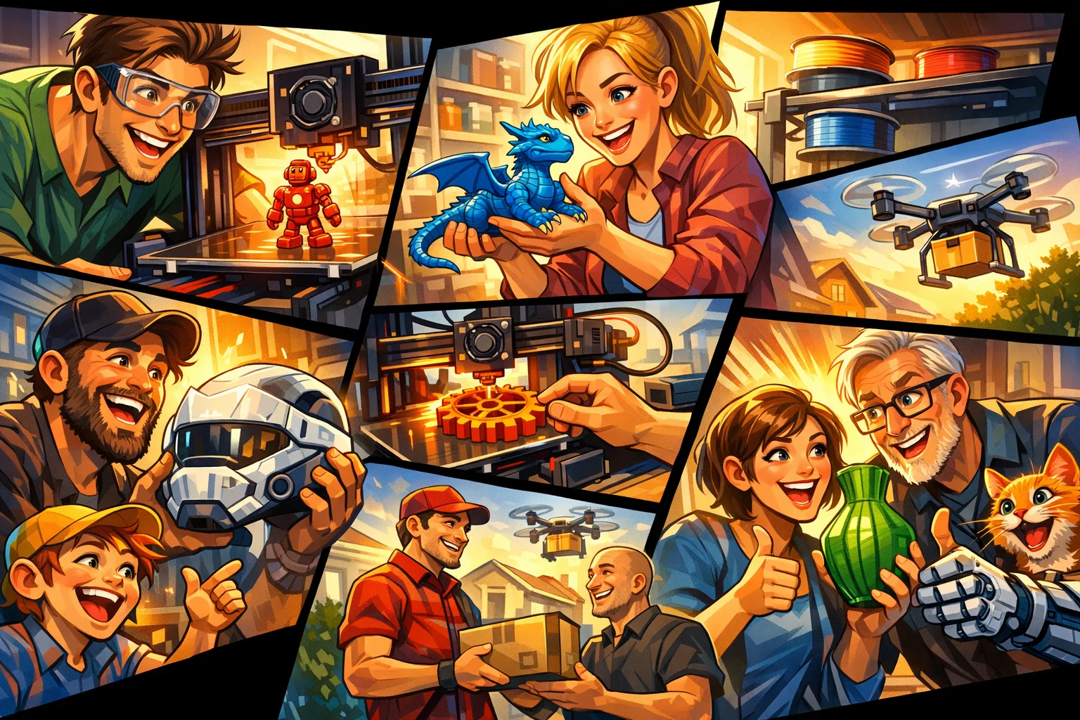 3d-print-pris-guide Dynamisk tegneserieinspireret illustration, der viser glade mennesker med 3D printere og færdige 3D printede produkter i stærke farver og høj detaljegrad