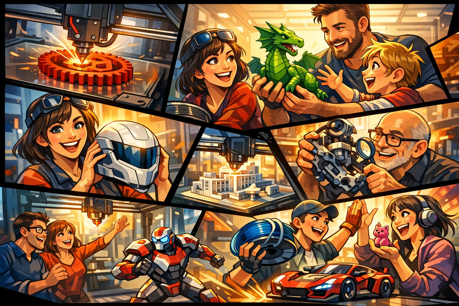 Dynamisk tegneserieillustration der viser 3D print i praksis – fra prototype og hobbyprojekter til professionel produktion – som visualiserer valget mellem egen 3D printer og ekstern 3D print service