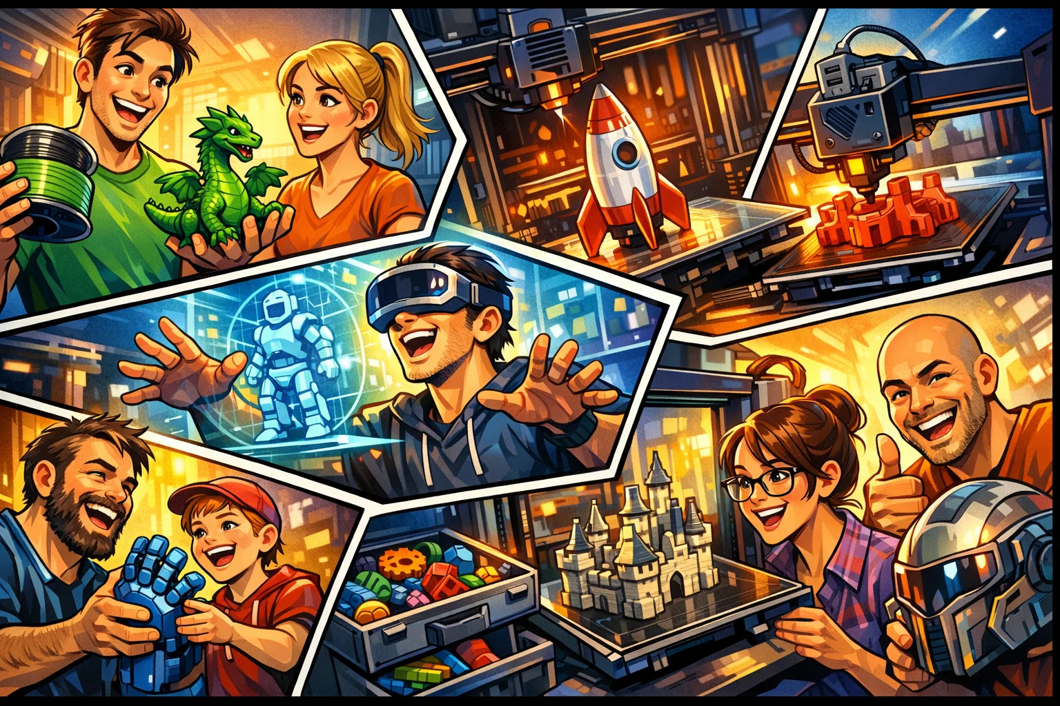 Dynamisk comic-illustration der viser private brugere i gang med 3D print, materialer, printere og færdige 3D-printede modeller i et kreativt værksted