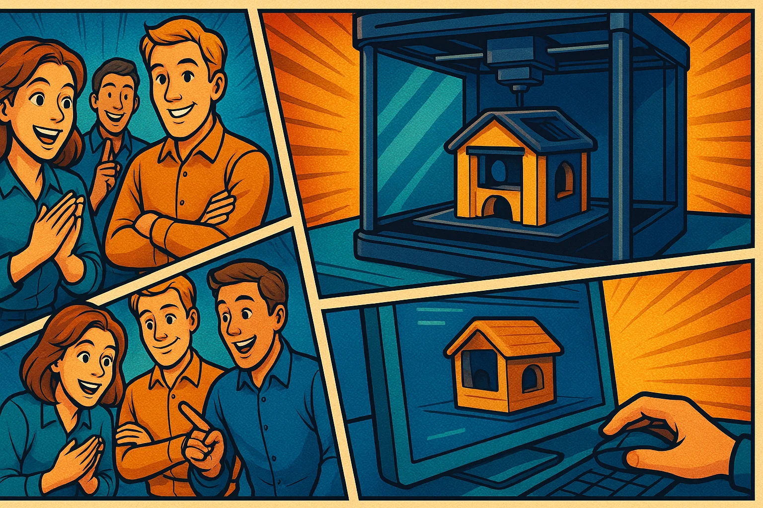 Comic-inspireret illustration af flere personer, der sammen gennemgår en 3D-model og ser et lille hus blive printet på en 3D-printer, som visualisering af filforberedelse til billigere 3D print