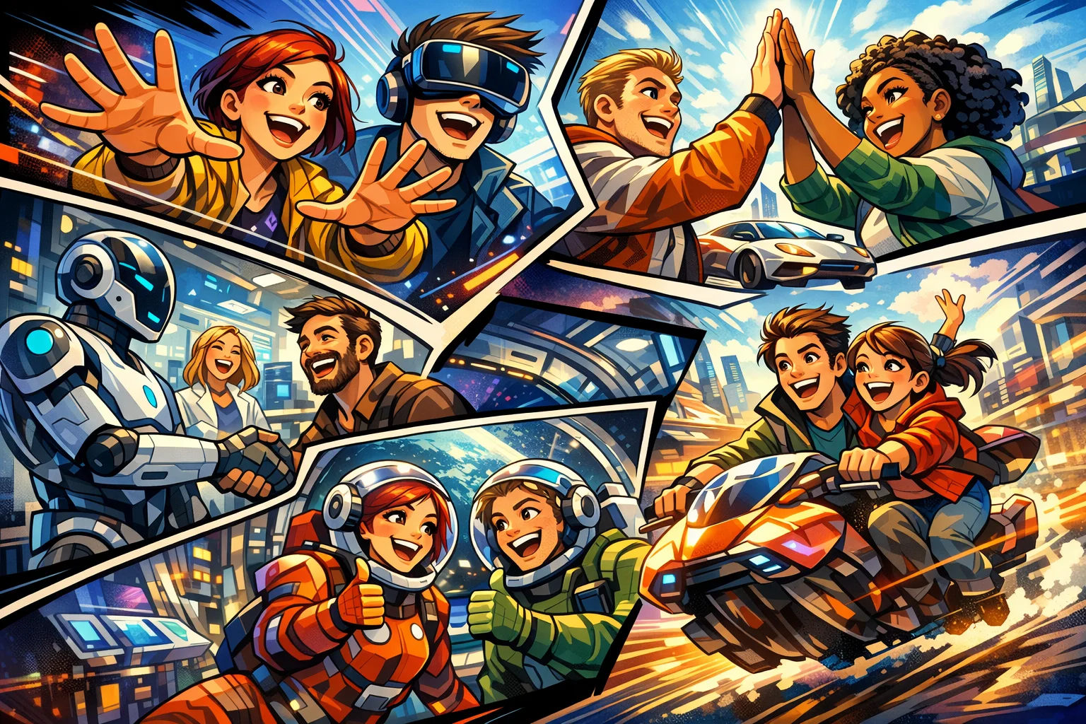 Dynamisk comic-illustration der viser mennesker og teknologi i samspil, inspireret af 3D print, innovation og de skjulte omkostninger ved at printe derhjemme