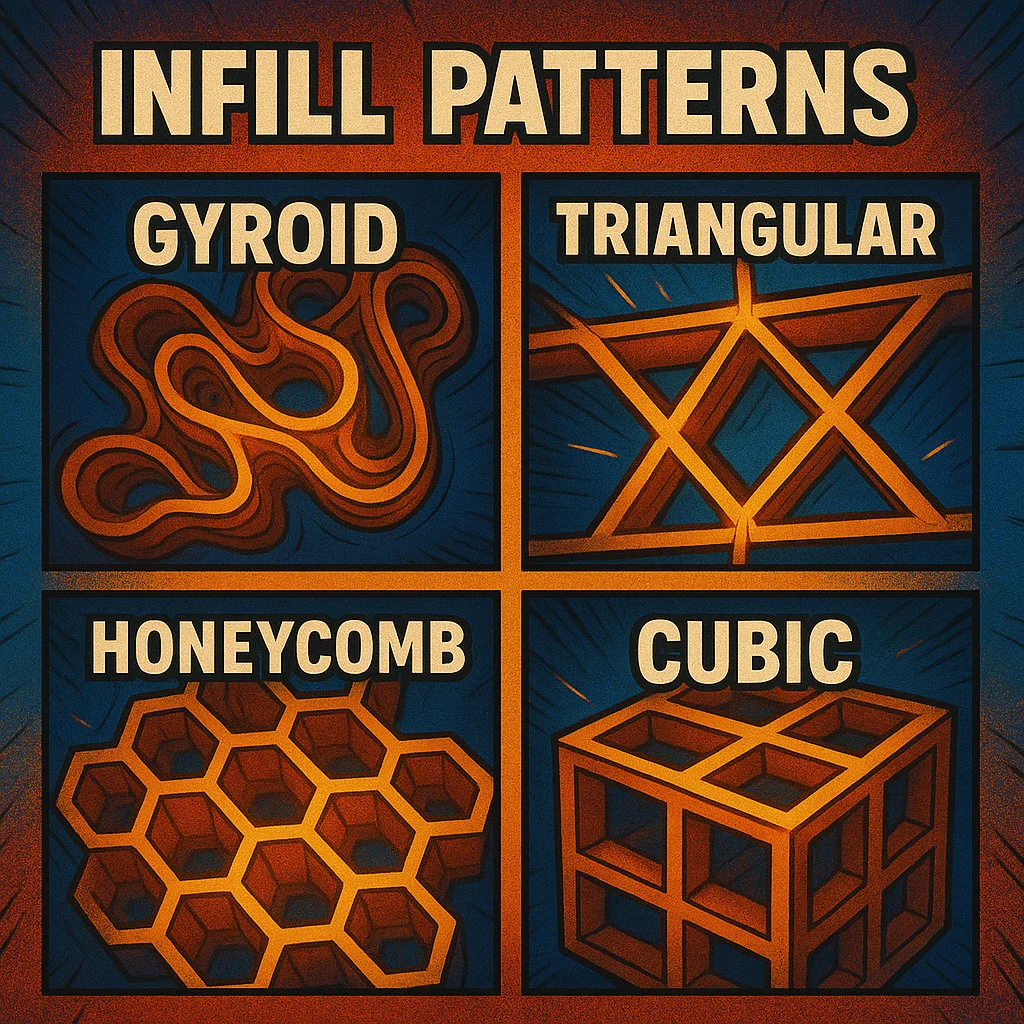 Illustration af forskellige 3D print infill-mønstre som gyroid, triangulær, honeycomb og cubic i en farverig comic-style grafisk stil