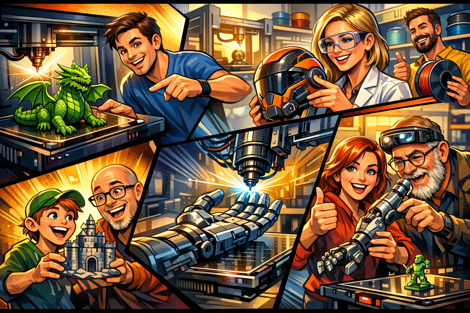 Dynamisk comic-illustration af glade mennesker, der arbejder med avancerede industrielle 3d print løsninger, maskiner og færdige produkter i et farverigt futuristisk værksted uden tekst i billedet