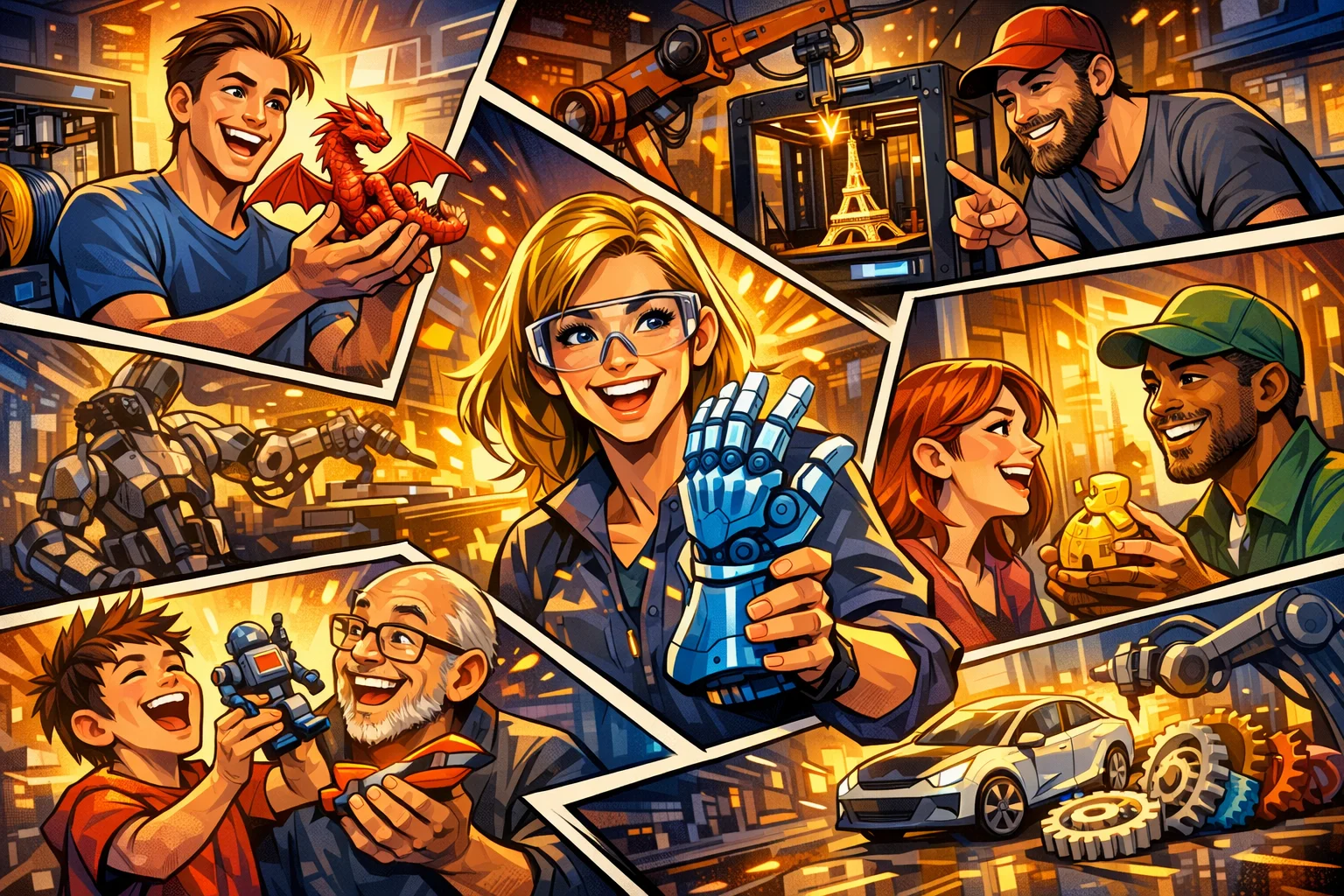 prototype-service-3d-print-hurtig-levering Dynamisk comic illustration af glade mennesker, der arbejder med 3D print, prototyper og avanceret teknologi i et kreativt produktionsmiljø