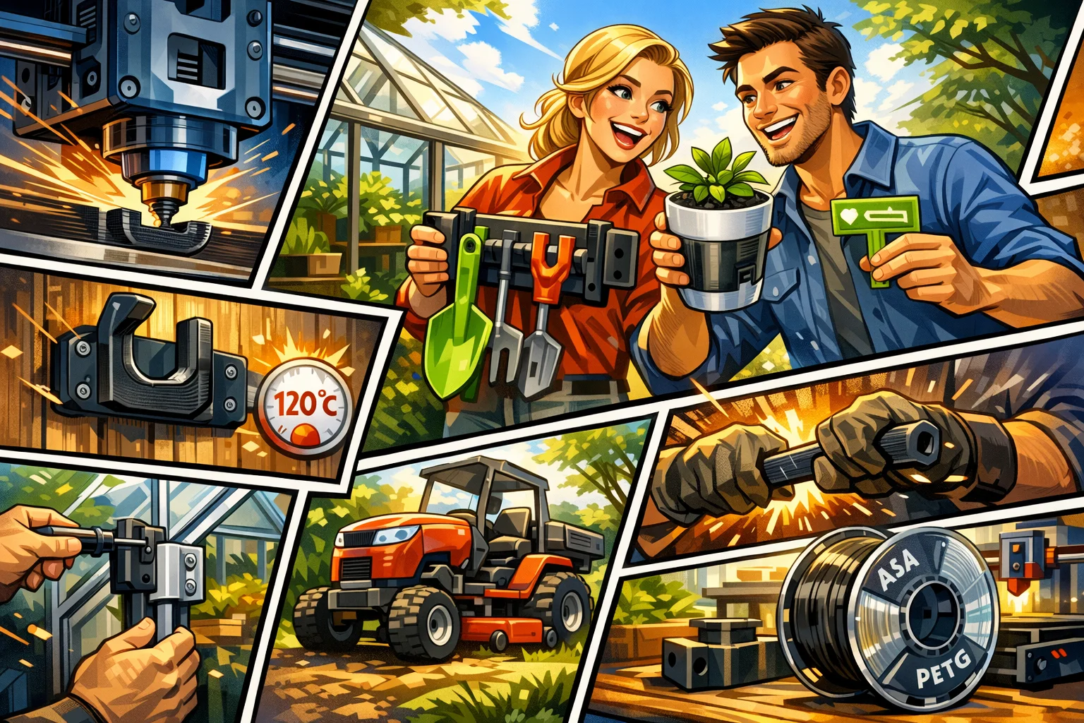 3d-print-pris-have-projekter-udendoers-asa-petg Illustration i moderne comic-stil der viser 3D printede haveprojekter, herunder beslag til drivhus, selvvandende urtepotter, haveredskaber og materialer som ASA og PETG, designet til udendørs brug og høje temperaturer
