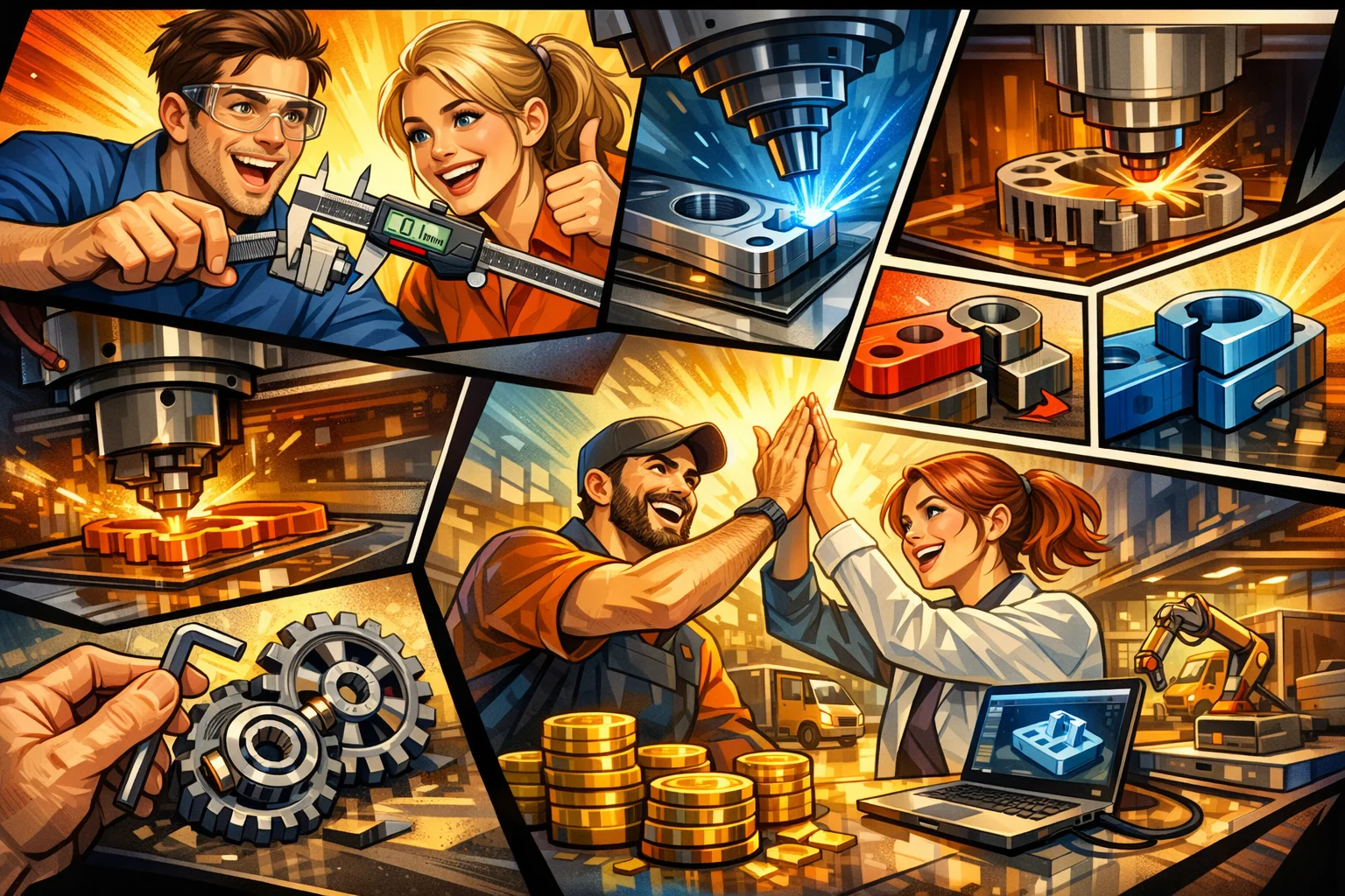 Illustration i comic-stil der viser præcision i 3D print: måling af tolerancer med skydelære, FDM- og SLA-printprocesser, mekaniske samlinger og glade ingeniører, der optimerer 3D print pris gennem korrekt design og teknologi