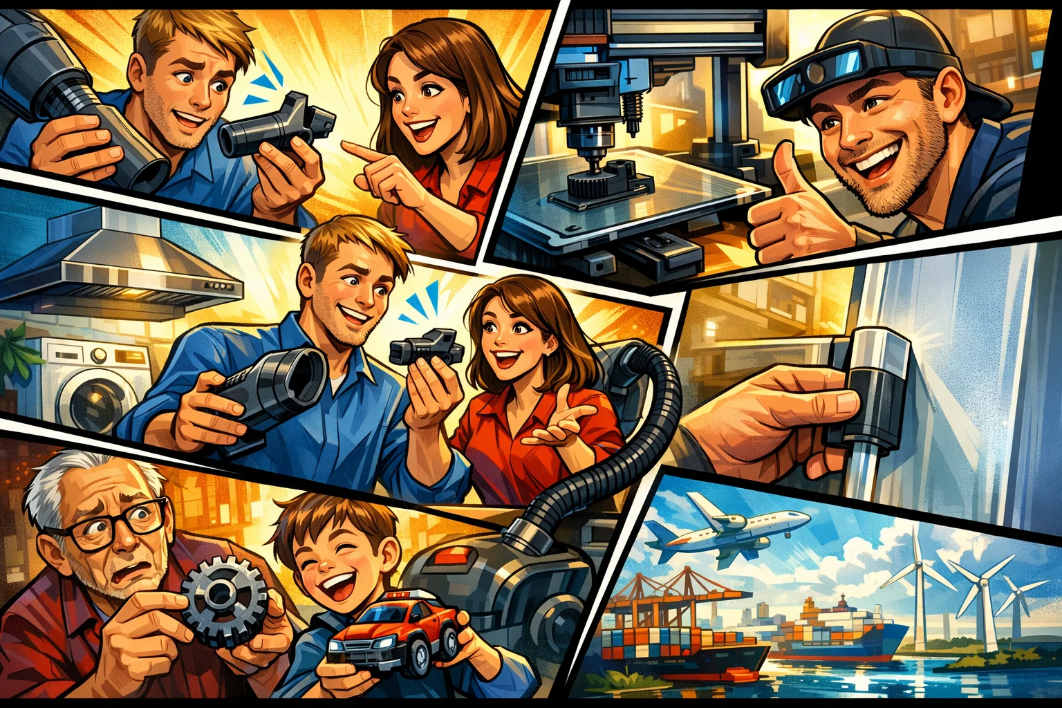 3d-print-pris-reparation-reservedele Illustration i dynamisk tegneseriestil, der viser hvordan 3D print bruges til at reparere ødelagte hverdagsgenstande som støvsugere, emhætter, legetøj og køkkenapparater, så man sparer penge og reducerer e-affald