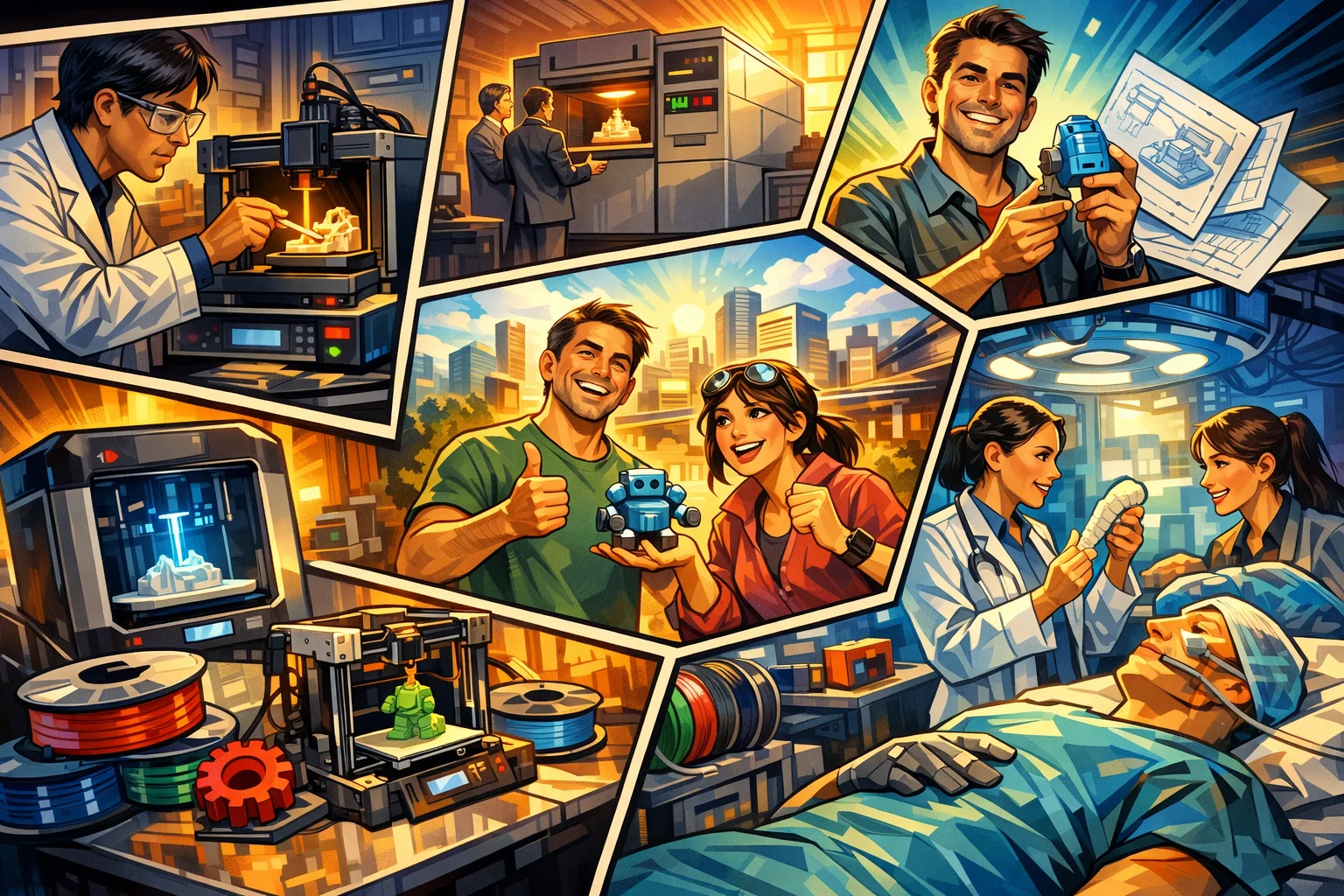 3d-print-pris-historie Tegneserieillustration af 3D print teknologiens udvikling fra dyre industrimaskiner til moderne, prisvenlige 3D printere med fokus på innovation, prototyper og medicinsk brug