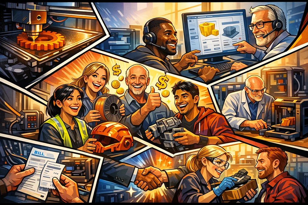 3d-print-pris-ivaerksaetter Tegneserieinspireret illustration af 3D print pris for iværksættere med 3D printere, prissætning, materialer, faktura og kundedialog i et dynamisk comic layout