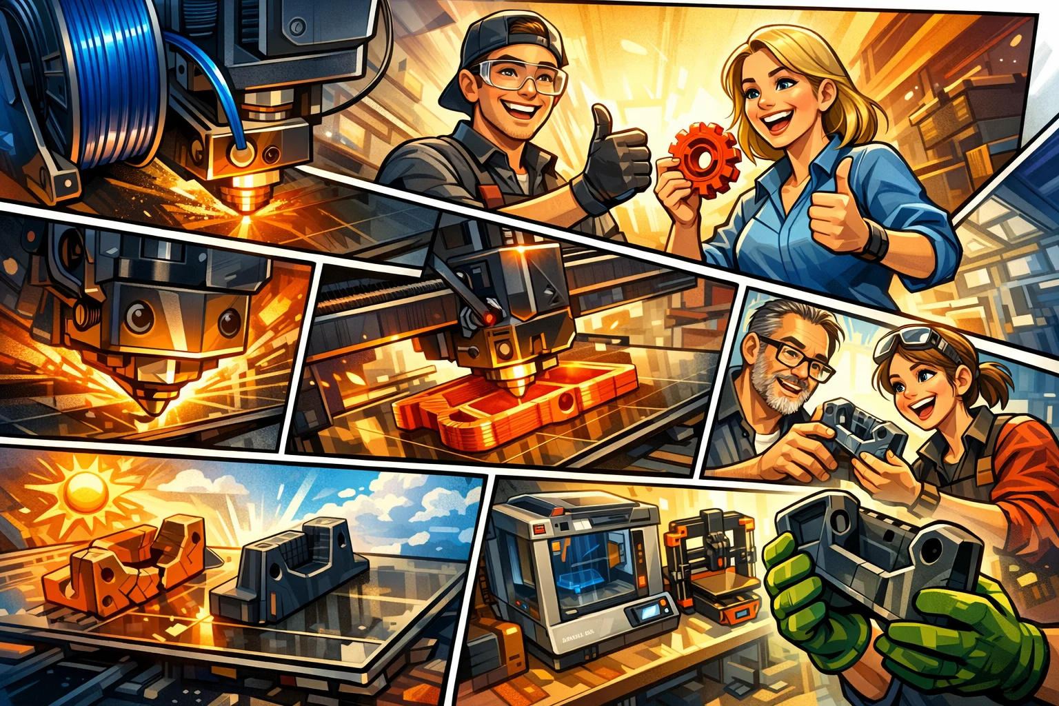 Illustration i tegneseriestil af 3D printere der producerer PETG dele til erhverv, hvor ingeniører analyserer stærke 3D printede komponenter for at opnå en lavere 3D print pris i produktion