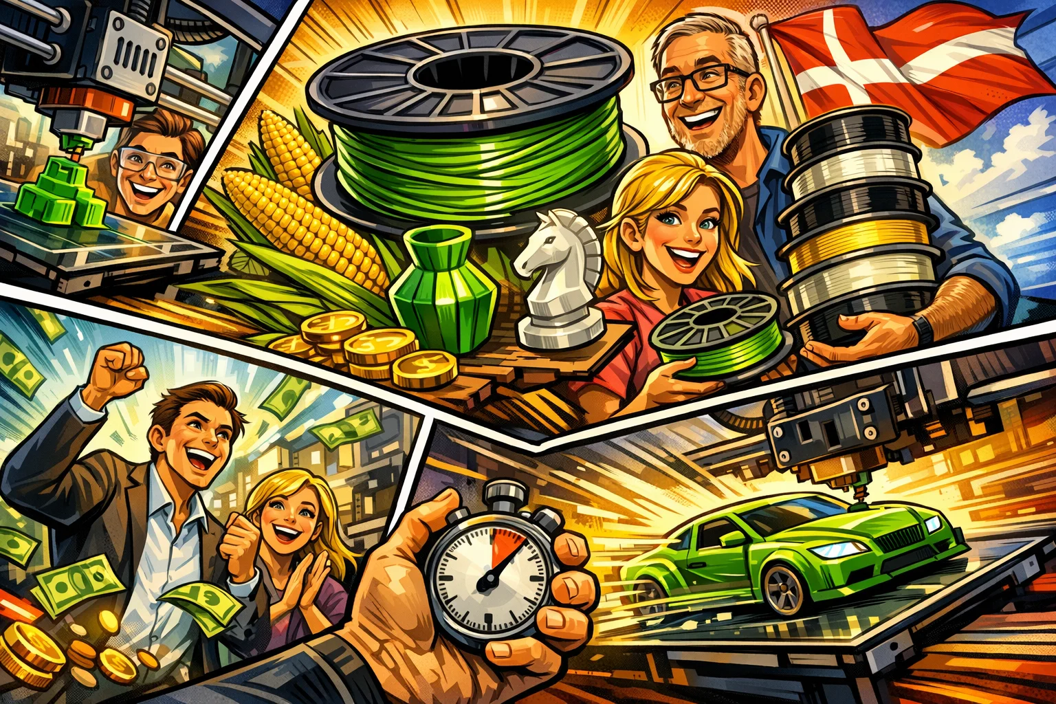 3d-print-pris-pla-materiale Illustration i tegneseriestil der viser 3D printer i gang med PLA filament, grøn filamentrulle, 3D printede objekter og personer der fejrer lavere 3D print pris og hurtigere produktion