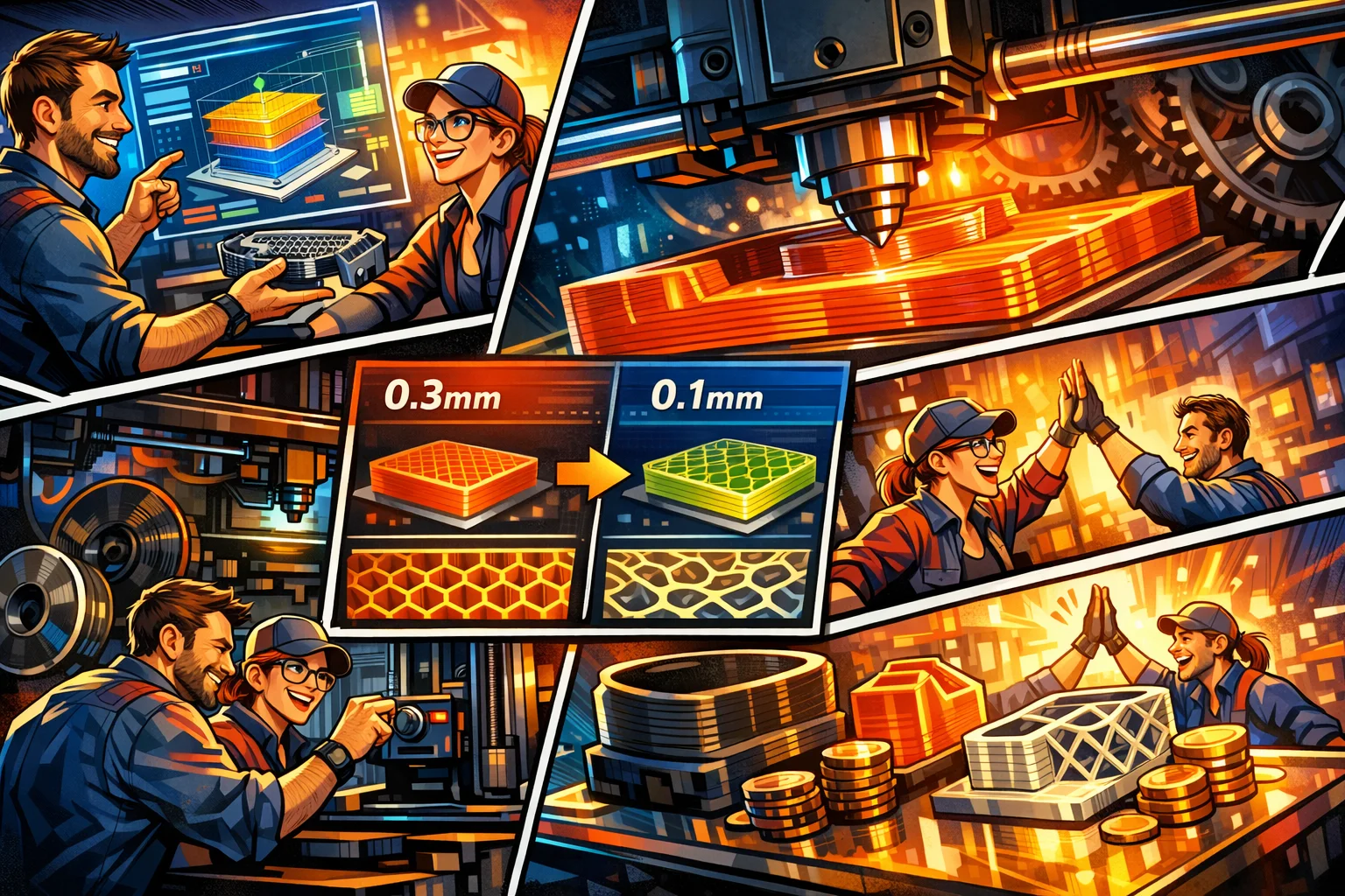 Illustration i tegneseriestil der viser hvordan 3D slicer indstillinger som laghøjde, infill og G-code påvirker 3D print pris, printtid og materialeforbrug i en professionel 3D printer