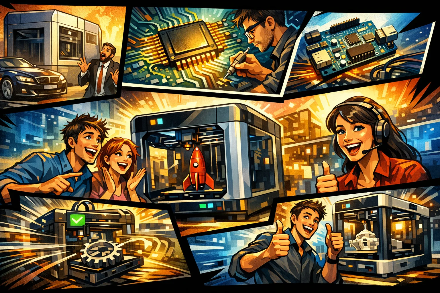 Tegneserieillustration der viser udviklingen i 3D print teknologi fra dyre industrielle printere til moderne desktopmaskiner, mikrochips og hurtig produktion der sænker 3D print pris