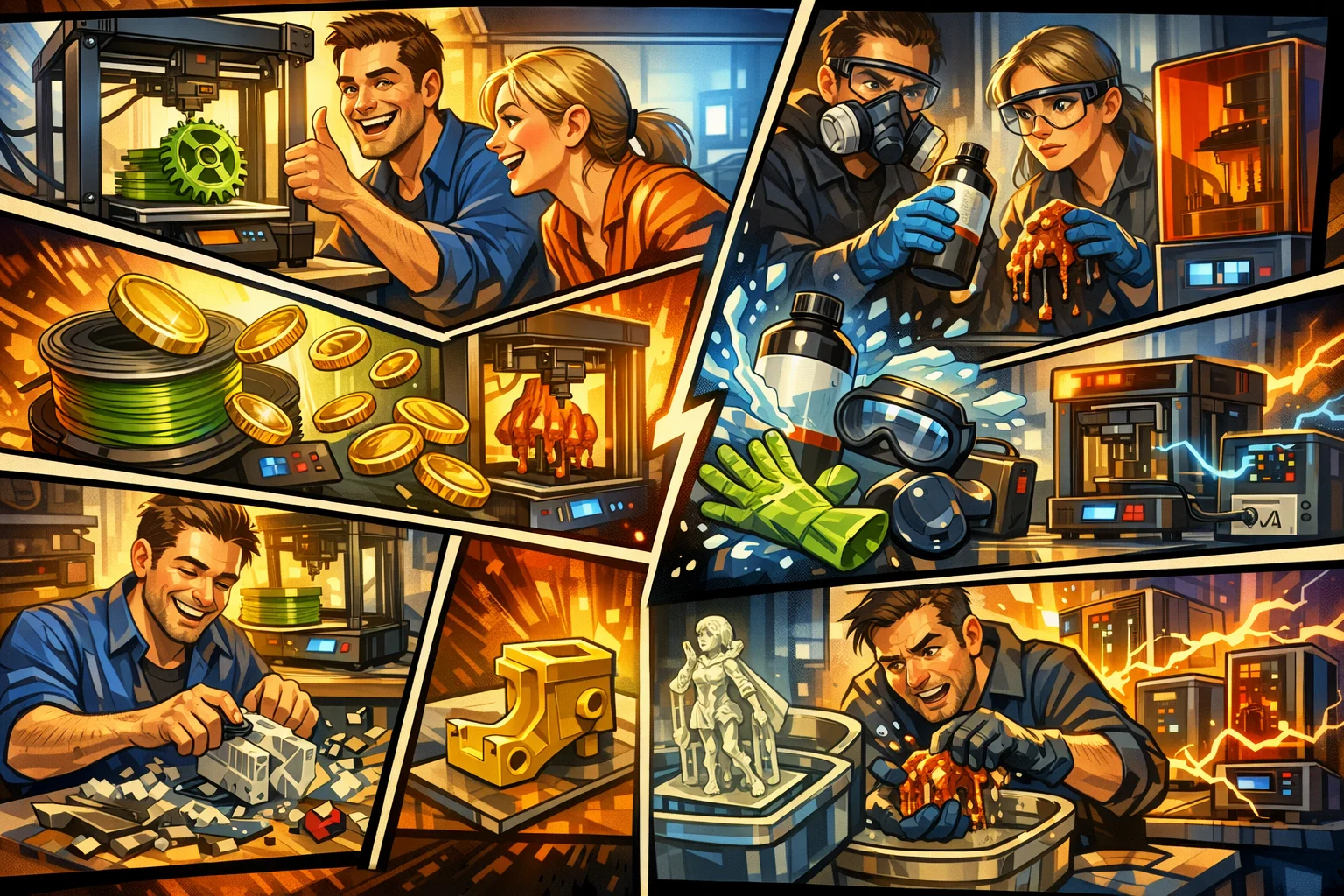 Illustration i tegneseriestil der sammenligner FDM og SLA 3D print, hvor personer arbejder med 3D printere, filament, resin, efterbehandling og viser forskelle i omkostninger og arbejdsproces