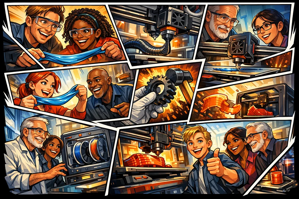 Tegneserieillustration af TPU 3D print med fleksible materialer, 3D printere og forskellige mennesker i et dynamisk industrielt miljø