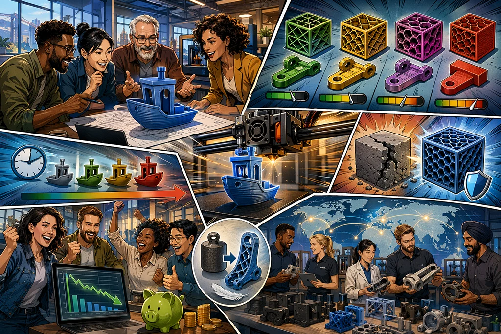Tegneserieillustration af 3D print pris og infill-optimering med 3D printer, Benchy-modeller, forskellige infill-mønstre, styrkesammenligning og internationalt team i produktion