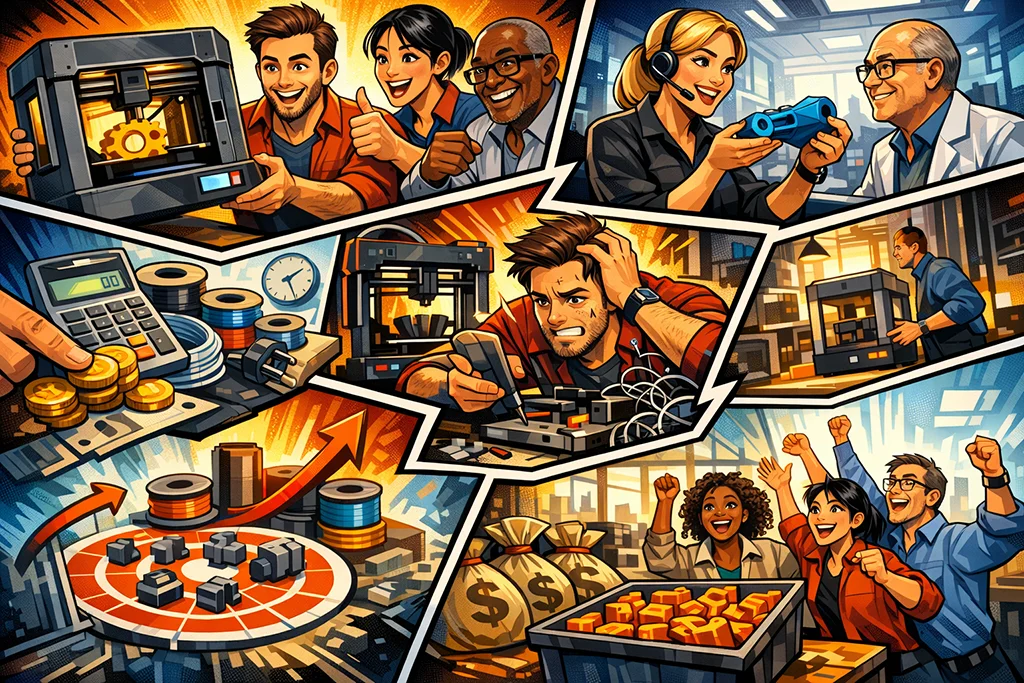 Tegneserieillustration af 3D print pris, hvor egen 3D printer sammenlignes med 3D print service gennem omkostninger, vedligeholdelse, ROI og break-even