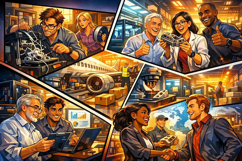 Tegneserieillustration af 3D print pris med fokus på outsourcing, fejlprint, industriel produktion, hurtigere levering og samarbejde om 3D print service